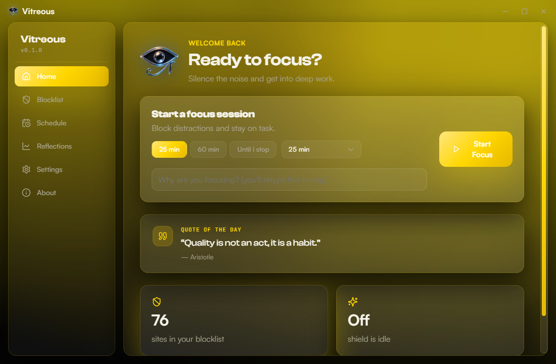 Vitreous app — Home screen, Obsidian Gold theme