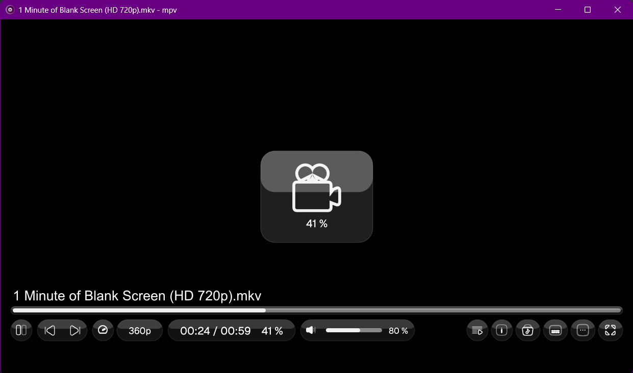 Centered seek OSD with a video-camera glyph and a clean progress percentage.